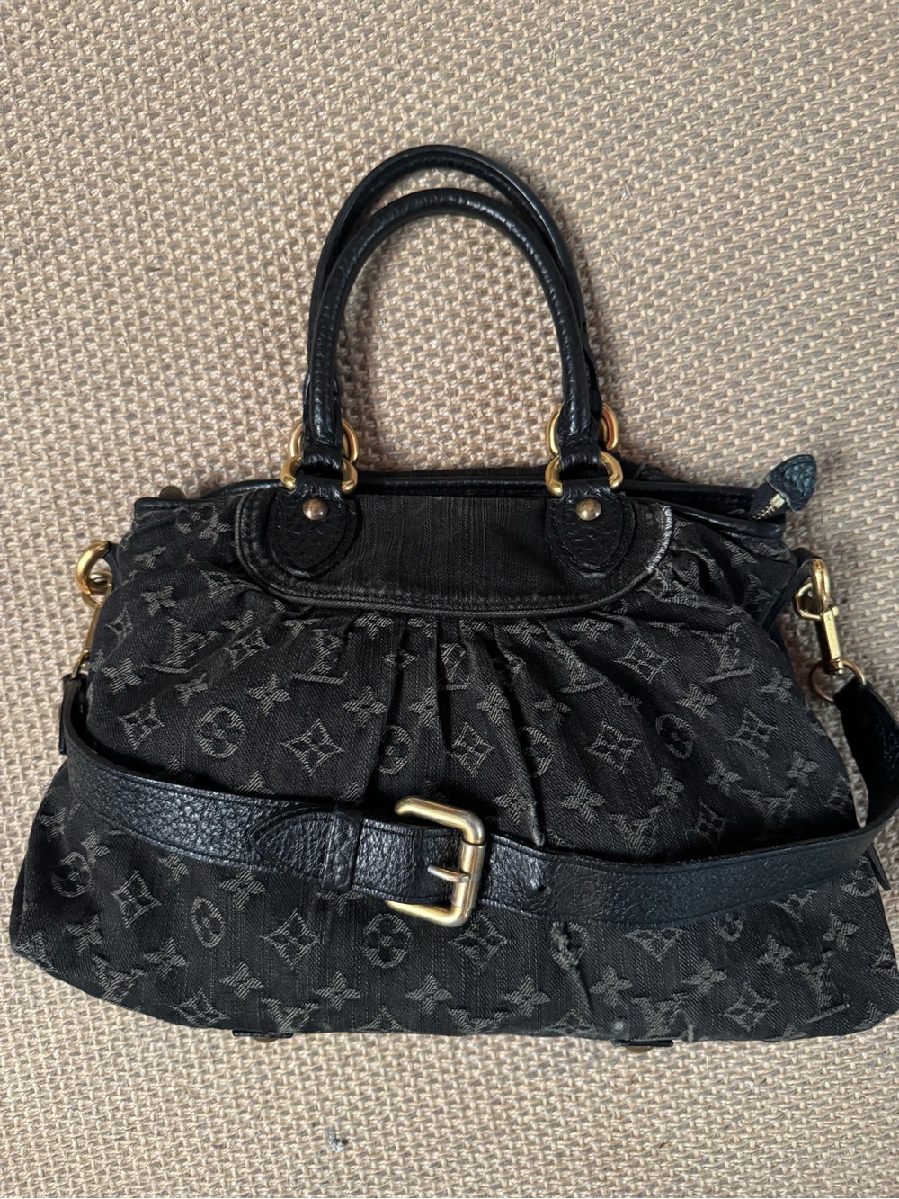 Louis Vuitton Denim Black Monogram Canvas Satchel with Gold-Tone Hardware
